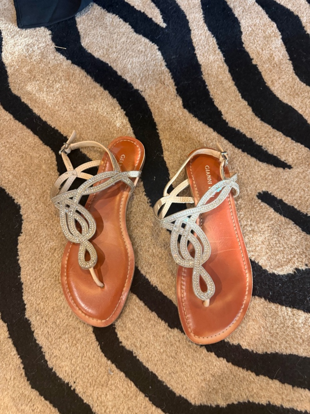 Gianni Bini Silver Crystal Embellished Tan Footbed Sandals